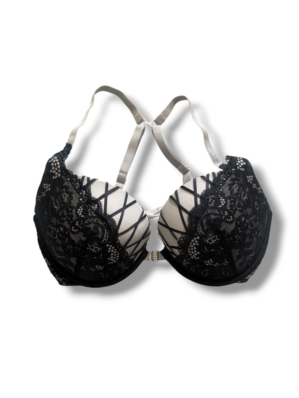 La Senza Black Lace Corset Convertible Strapless Bra 34D Rhinestone Front Clasp